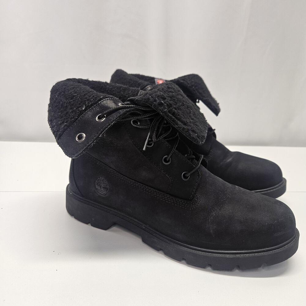 Timberland Waterproof Boots Fold-Down Teddy Fleece Nubuck Black Women's Size 10